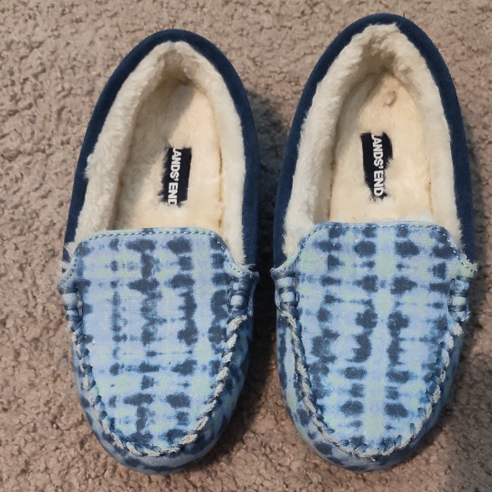 Lands' End Blue and Cream Plaid Moccasin Slippers